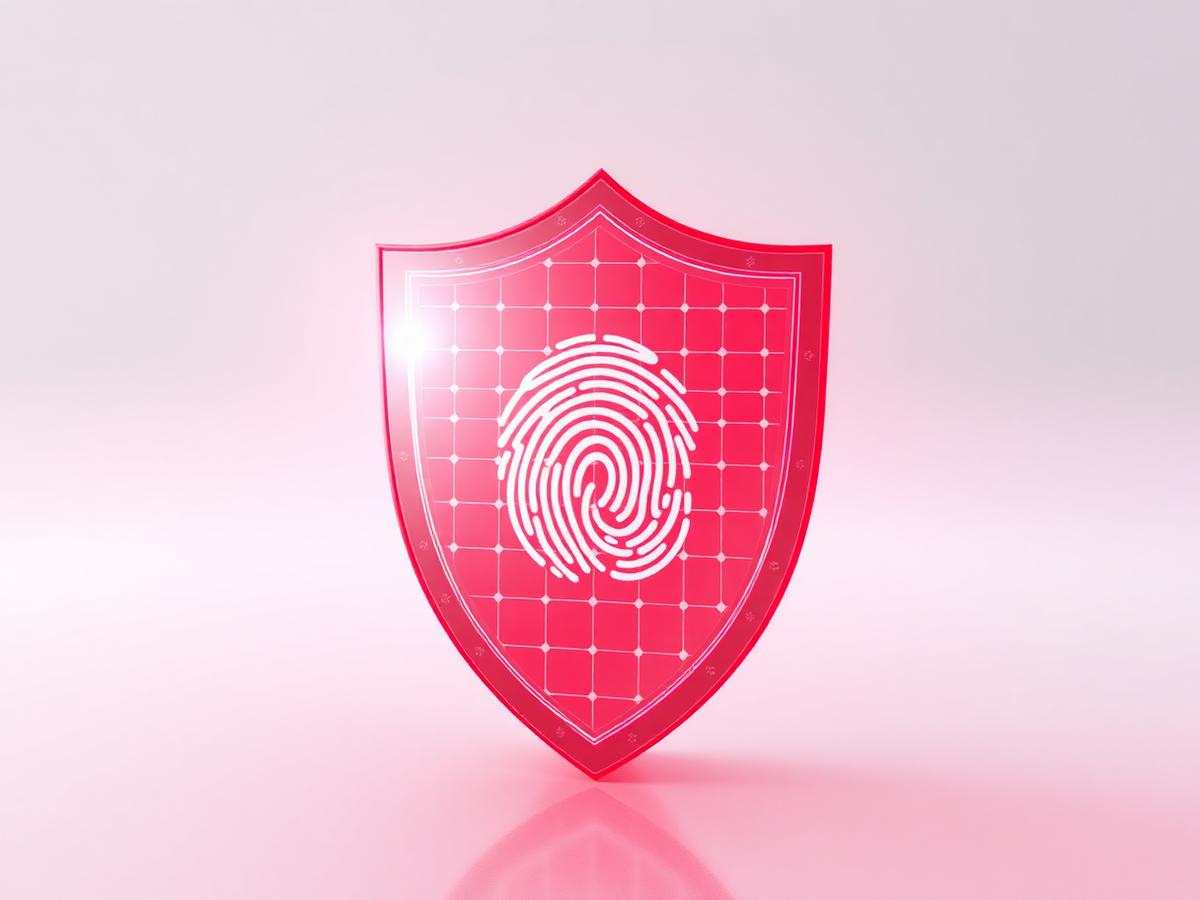 Red holographic security shield with a fingerprint scan grid